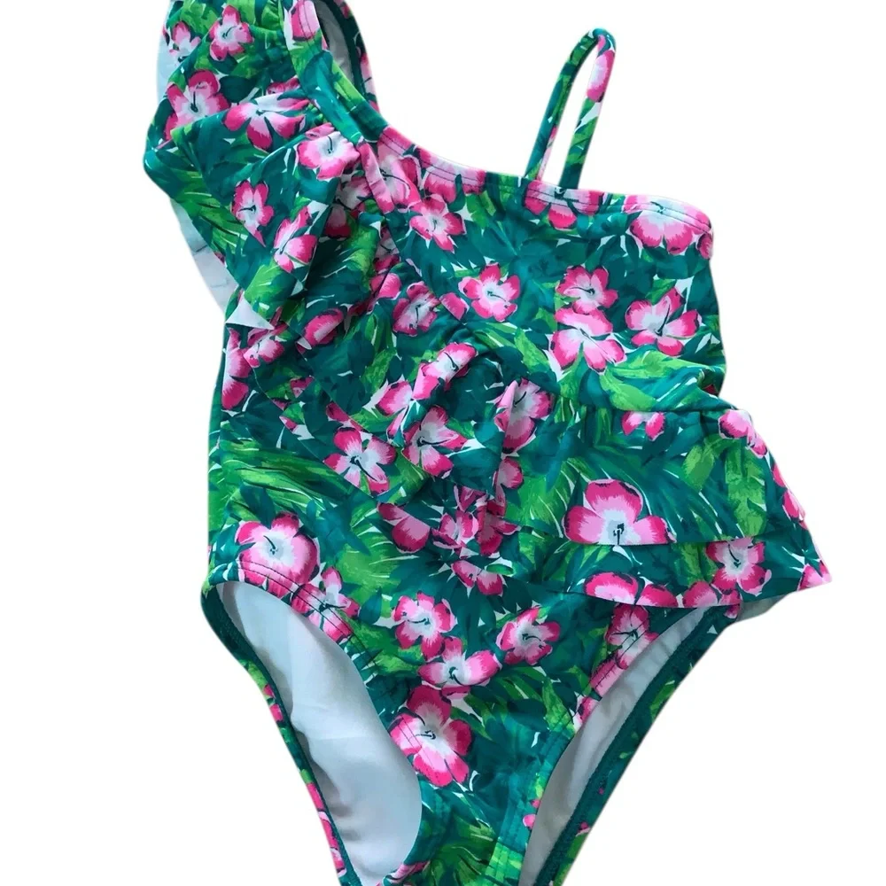 Janie and Jack Green Recycled Hibiscus Ruffle Swimsuit